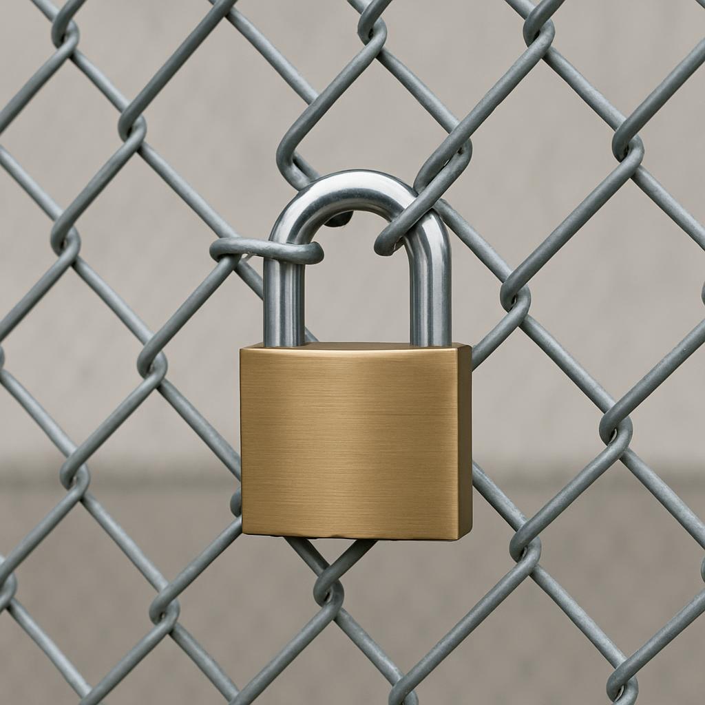 Un cadenas sur un grill de sécurité A padlock on a security chain-link fence.