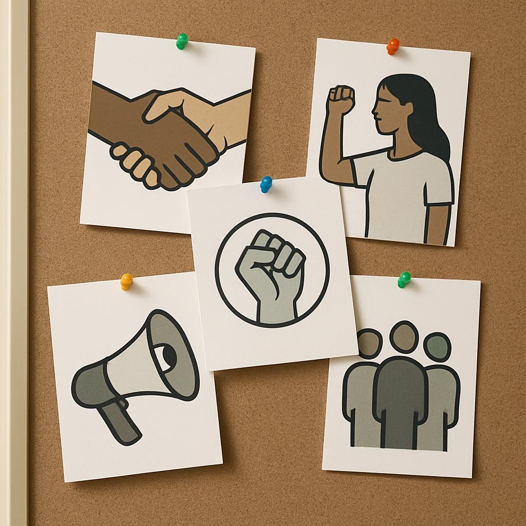 Texte alternatif : Un tableau de liaison avec cinq images, illustrant des images de soutien et de mobilisation social, les...